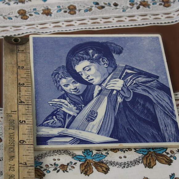 Vintage Delft Blue Wall Tiles – Dutch Scene & Musical Boys – Pair of 2 – 6"x6" - Picture 4 of 7